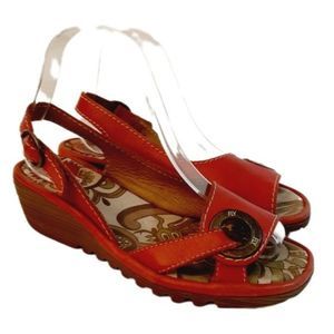 FLY LONDON Open Toe Low Wedge Slingback Sandals Red Sz Eur 37 |US 6-6.5